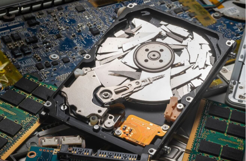 Stack of old hard disk drives prepared for data destruction and recycling