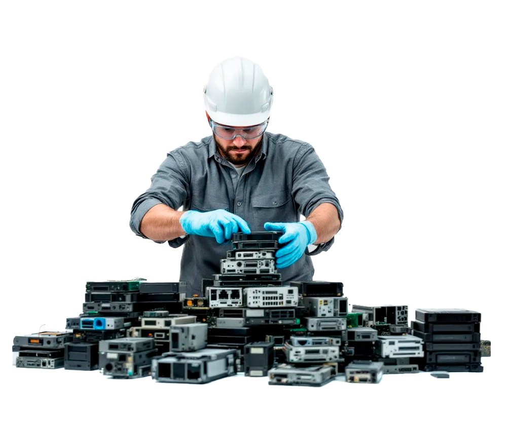 Worker sorting recyclable materials at an electronic recycling facility